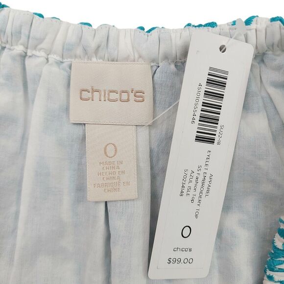 Chico's Eyelet Embroidered Top Womens Small Aqua Green Short Sleeve Bohemian - Picture 10 of 12